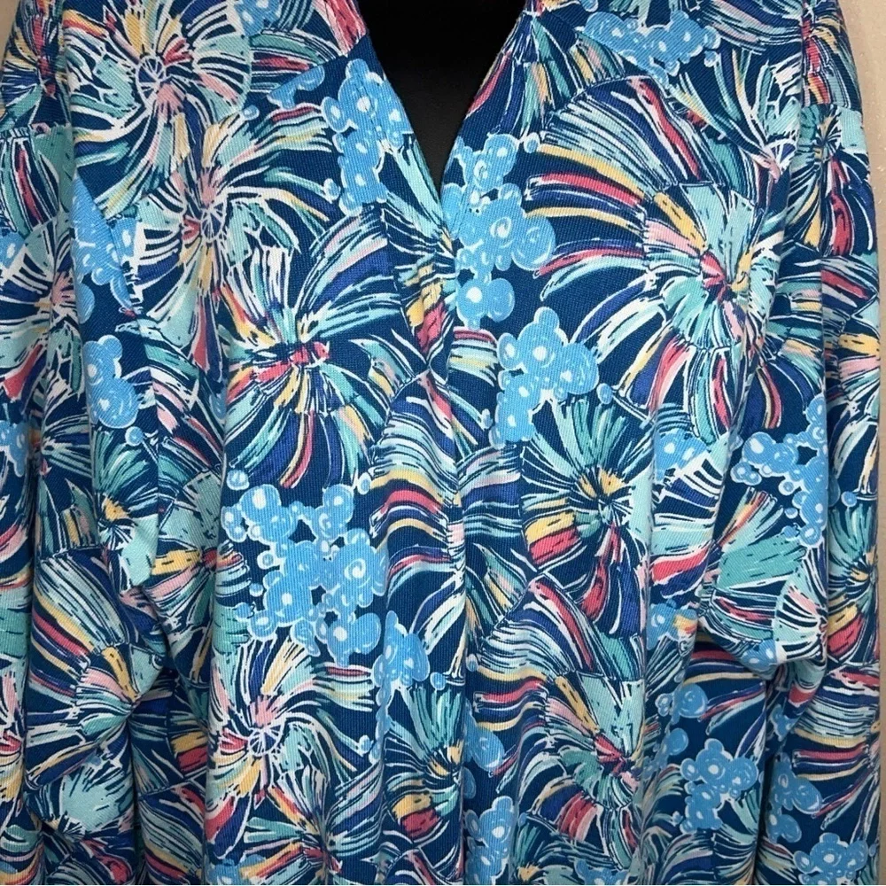 3XL XXXL BLUE ABSTRACT FLORAL SHRUG TOP BLOUSE OPEN FRONT COLORFUL LONG SLEEVE